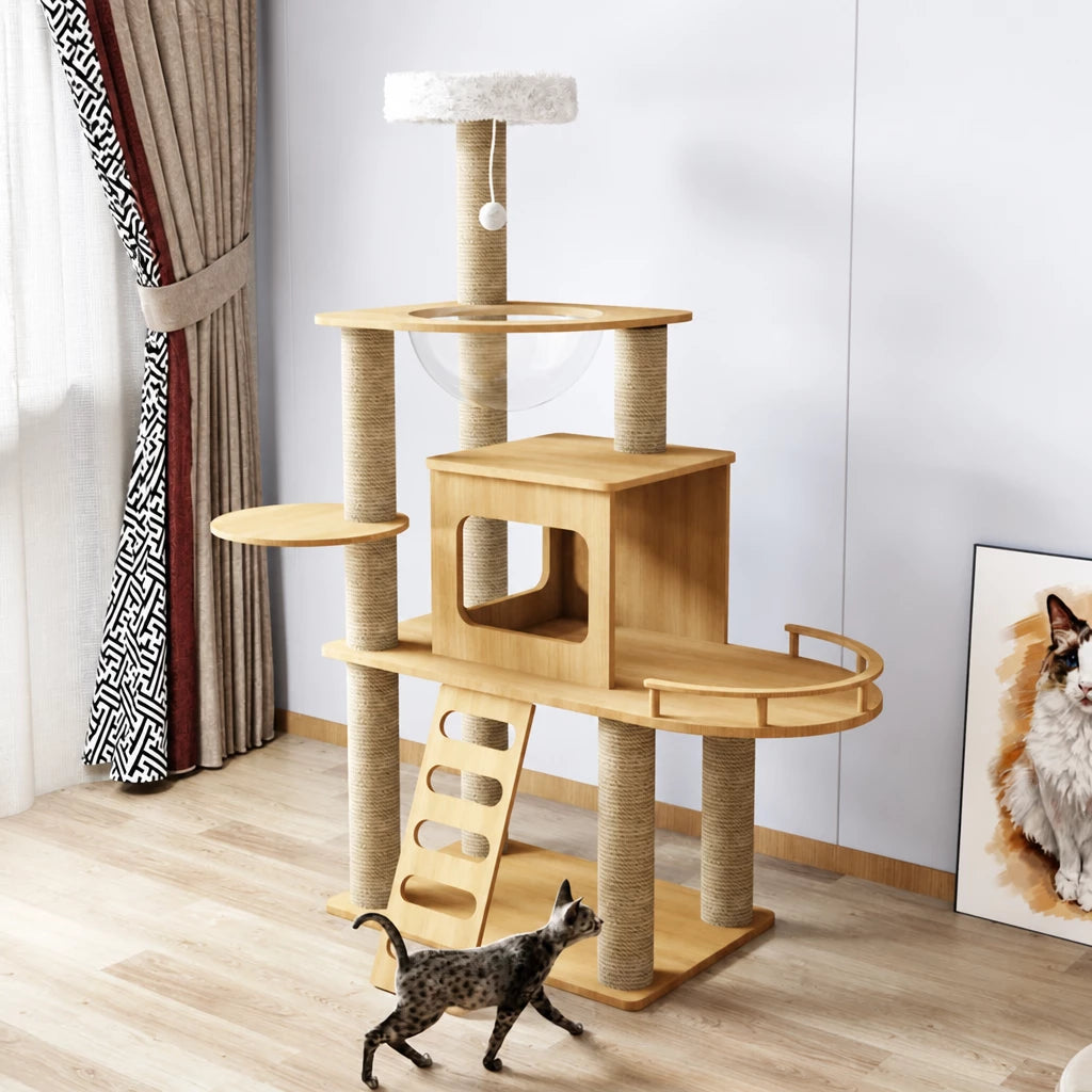 Multi-Level Solid Wood Cat Tree with Scratching Posts
