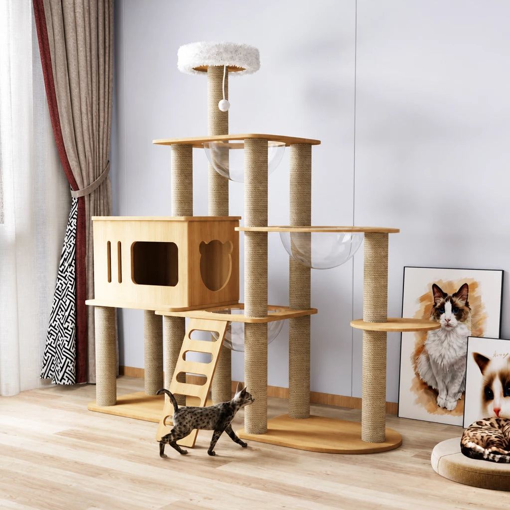 Multi-Level Solid Wood Cat Tree with Scratching Posts