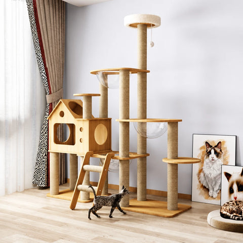 Multi-Level Solid Wood Cat Tree with Scratching Posts