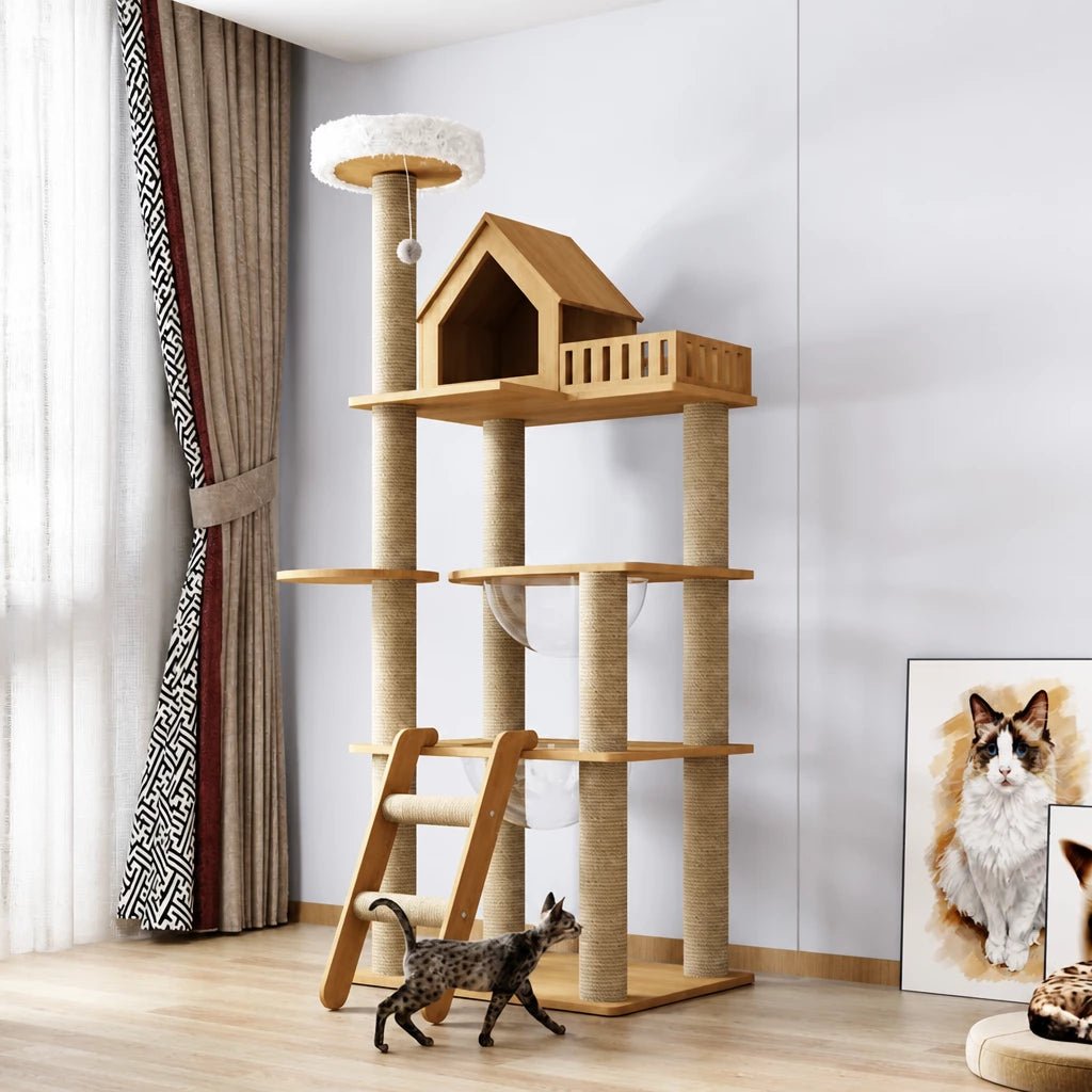 Multi-Level Solid Wood Cat Tree with Scratching Posts