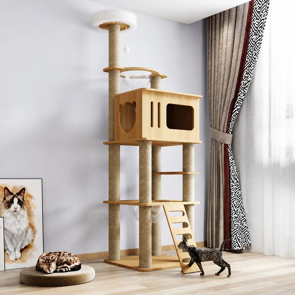 Multi-Level Solid Wood Cat Tree with Scratching Posts