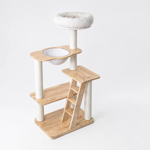 Rubberwood Cat Tree with Removable Hideaway Bed