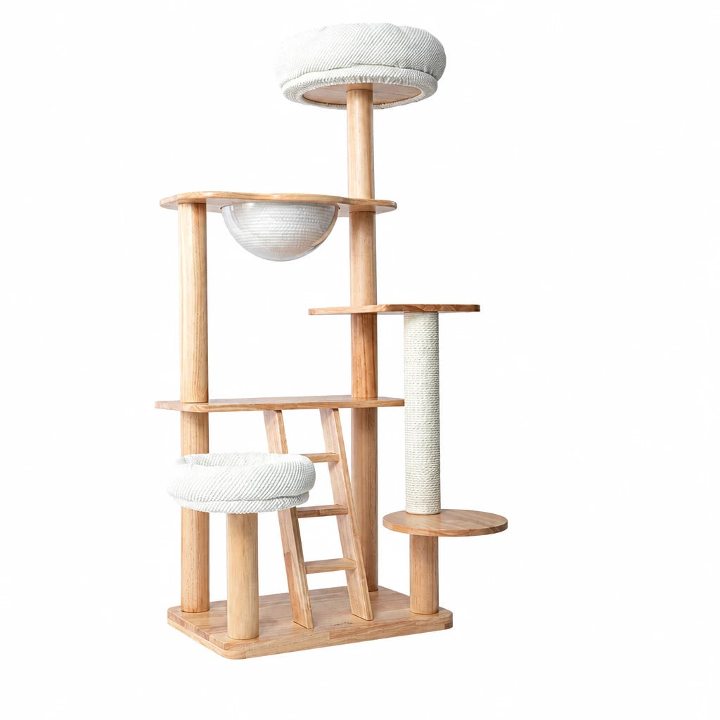 Rubberwood Cat Tree with Removable Hideaway Bed