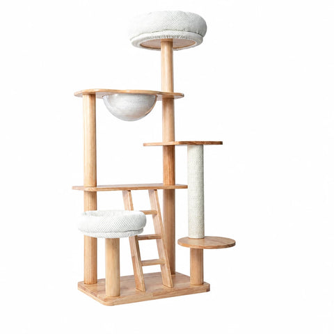 Rubberwood Cat Tree with Removable Hideaway Bed