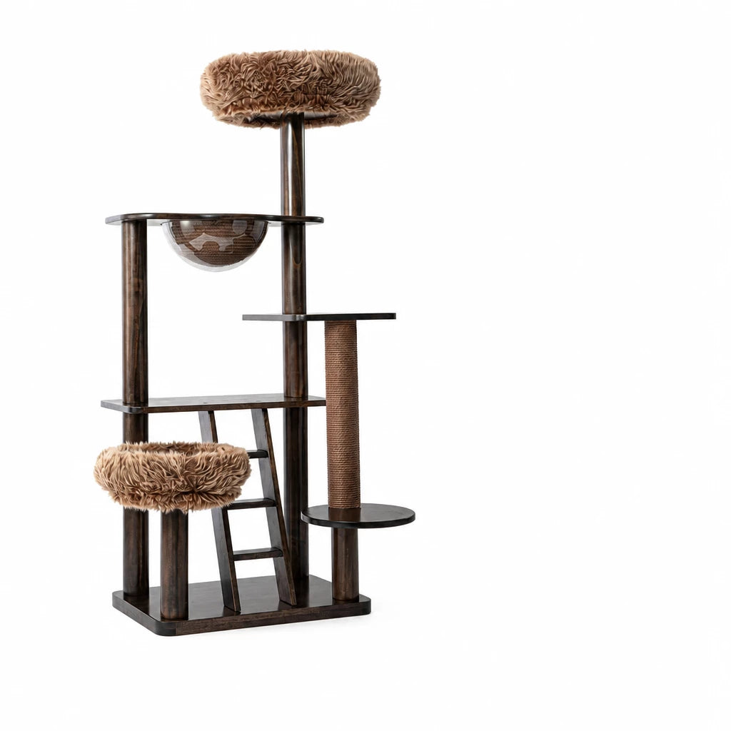 Rubberwood Cat Tree with Removable Hideaway Bed