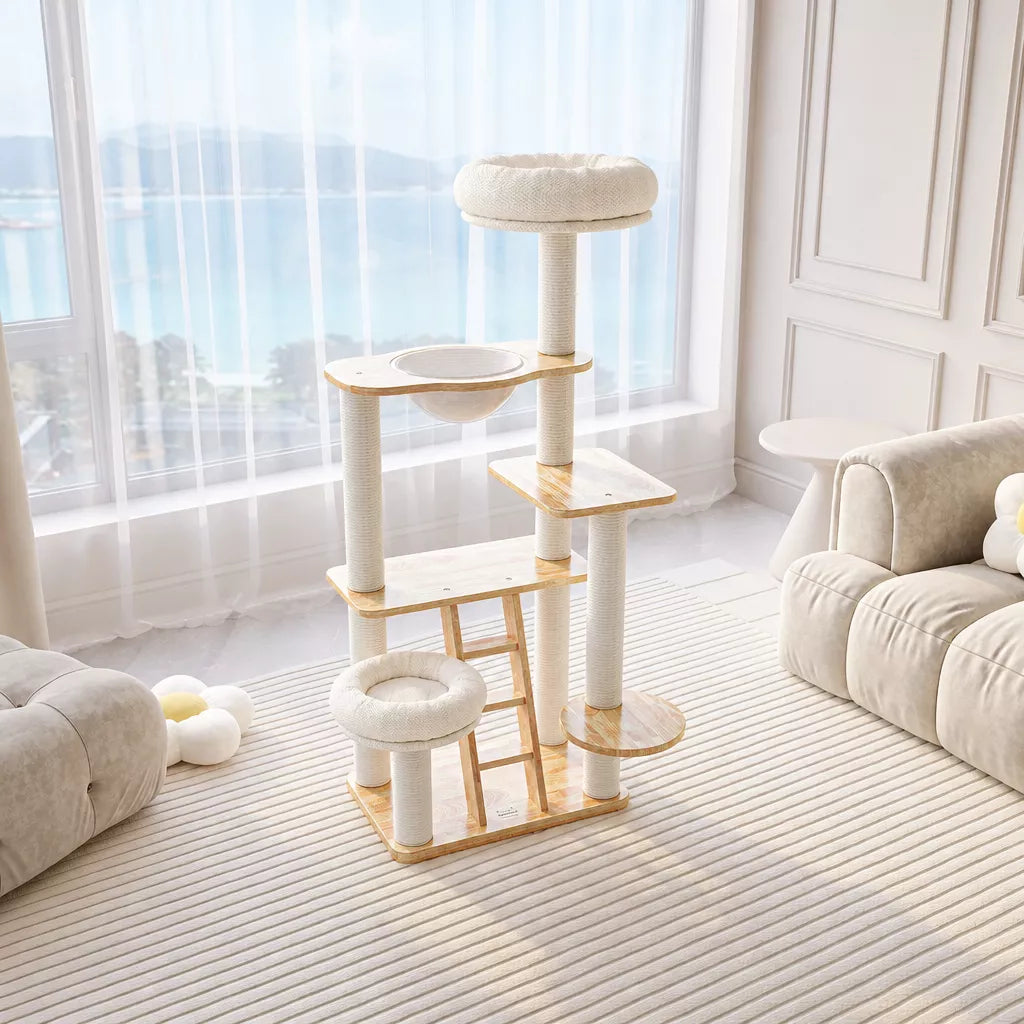 Rubberwood Cat Tree with Removable Hideaway Bed