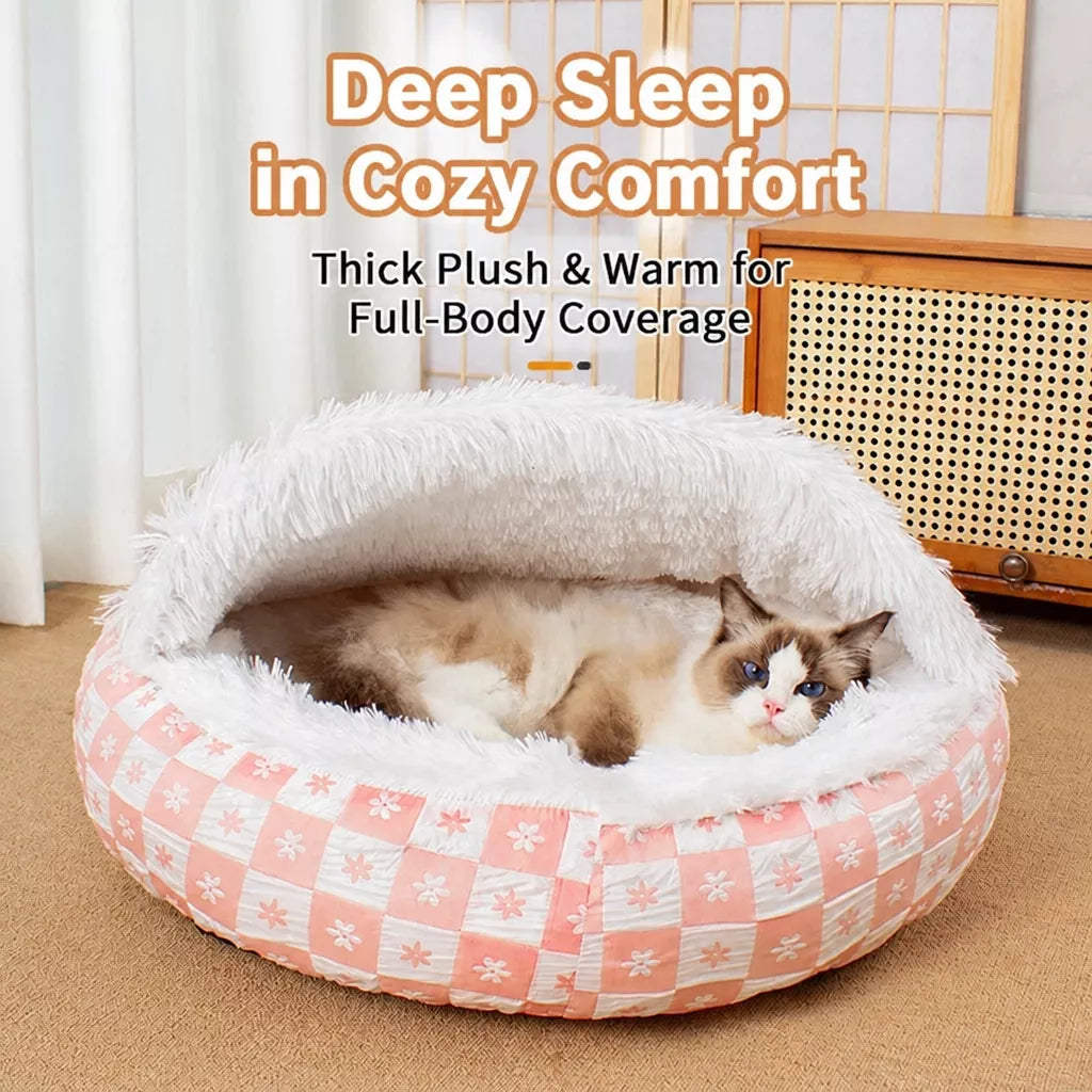 Enclosed Plush Pet Bed for Cats and Small Dogs