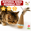 Linen Tumbler Toy for Cats and Dogs with Feather Pieces and Solid Wood Base