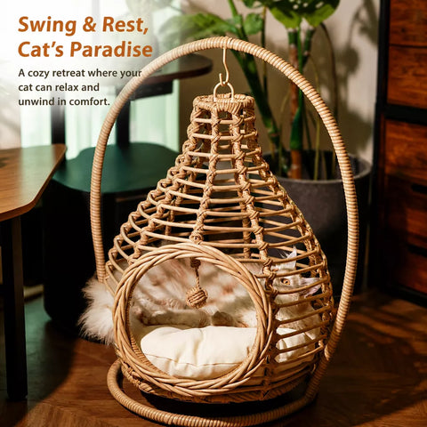 Handwoven Rattan Hanging Cat Bed with Cushion