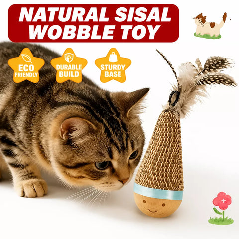 Burlap Feather Tumbler Toy with Solid Wood Base for Cats & Dogs