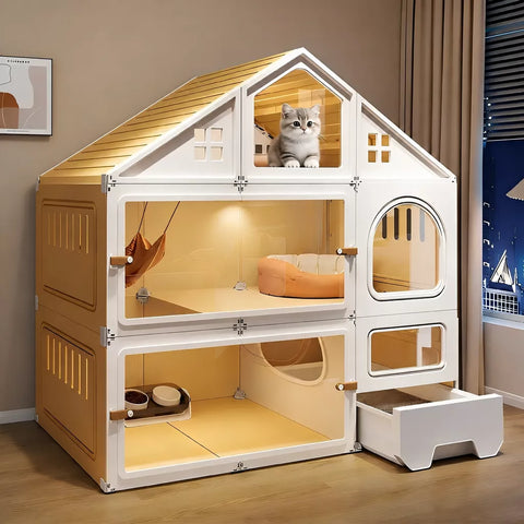 Multi-Level Cat Condo with Enclosed Spaces and Litter Box Area