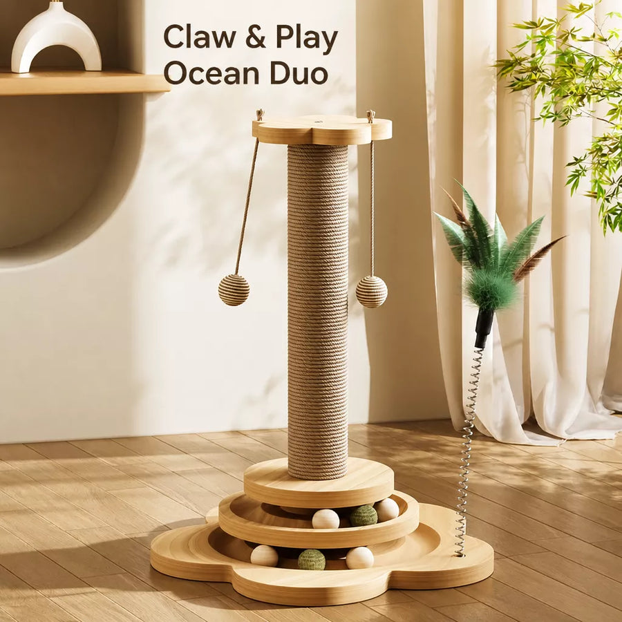 Vertical sisal cat scratching post with a broad base