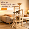 Wooden Cat Tree with Scratching Post and Enclosed Cat House