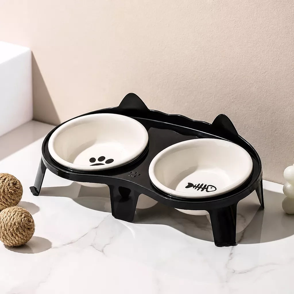 Ceramic Double Cat Bowl Set with Stand for Food and Water