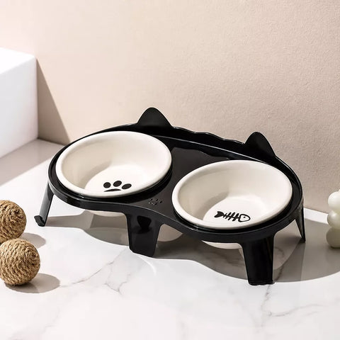 Ceramic Double Cat Bowl Set with Stand for Food and Water