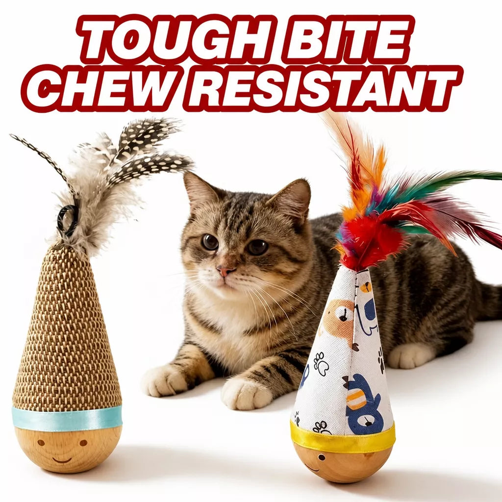 Burlap Feather Tumbler Toy with Solid Wood Base for Cats & Dogs