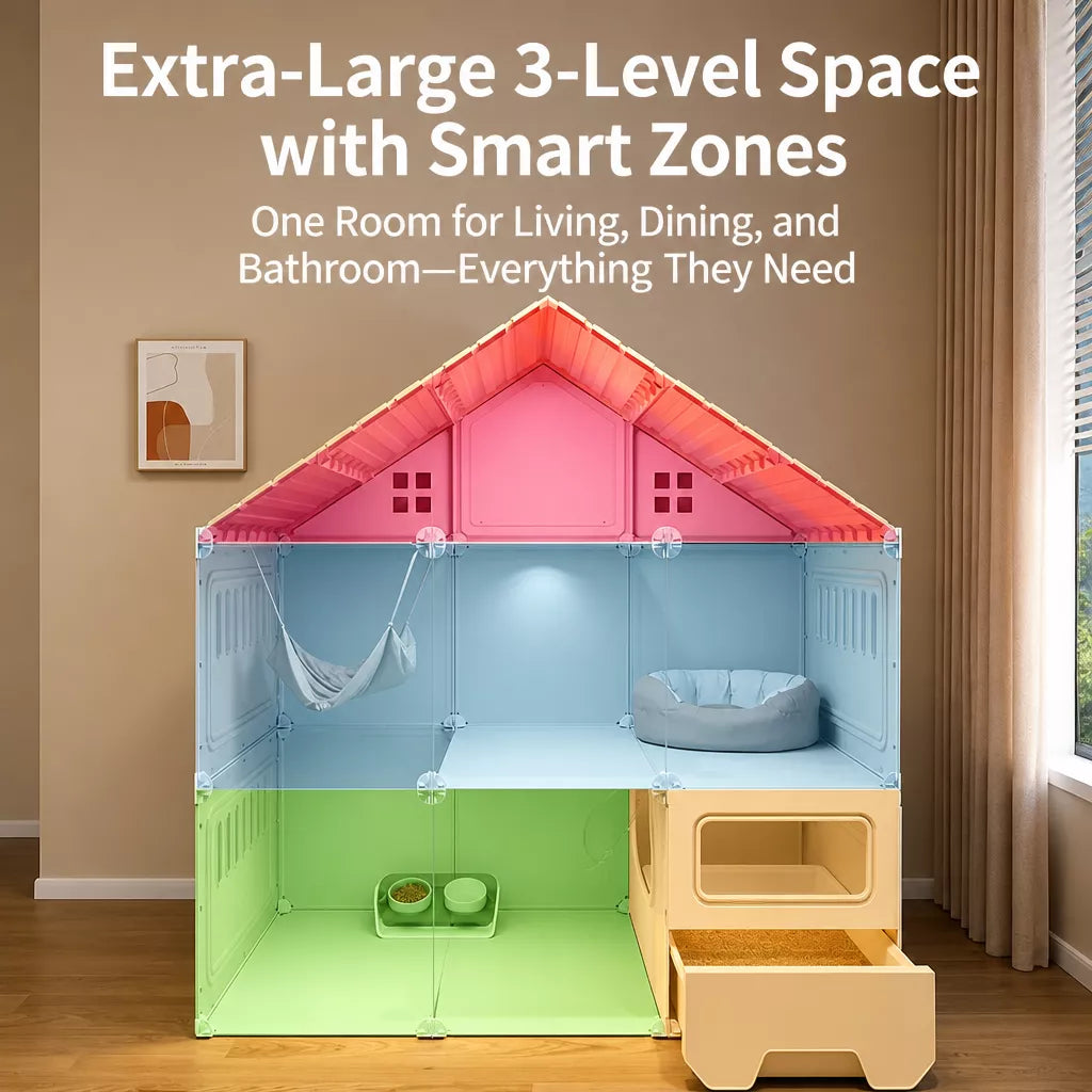 Multi-Level Cat Condo with Enclosed Spaces and Litter Box Area