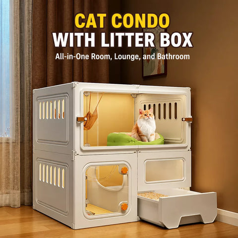 Indoor Multi-Level Cat Condo with Integrated Litter Box Area