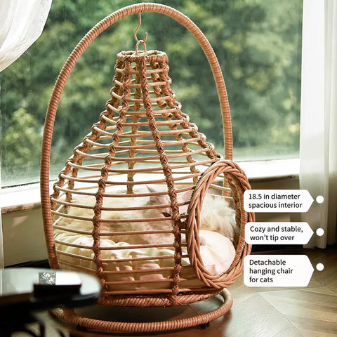 Handwoven Rattan Hanging Cat Bed with Cushion