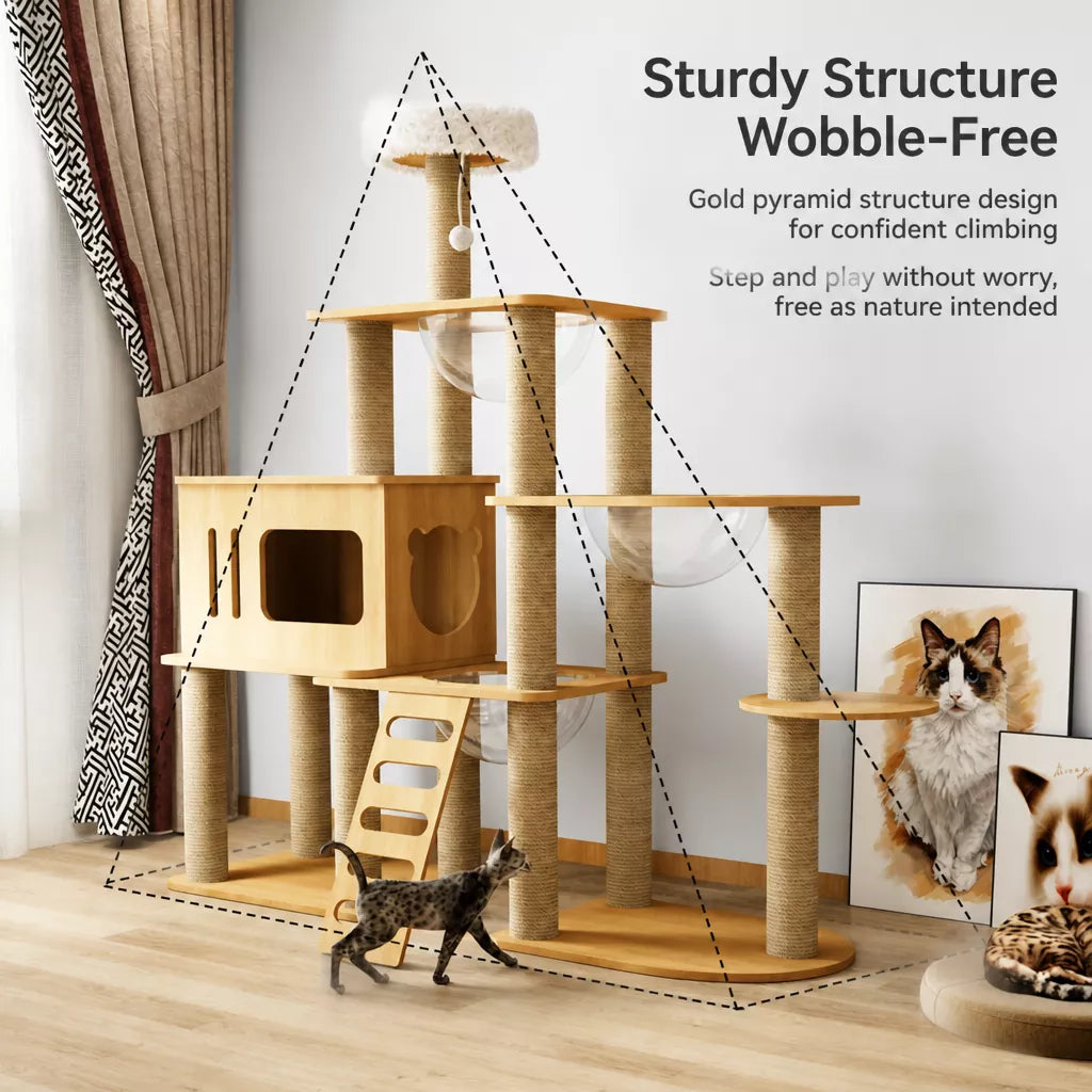 Multi-Level Solid Wood Cat Tree with Scratching Posts