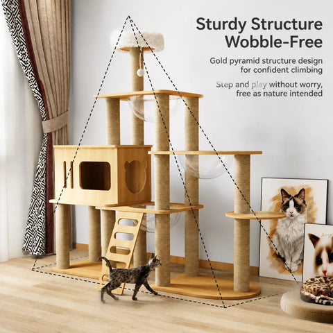 Multi-Level Solid Wood Cat Tree with Scratching Posts