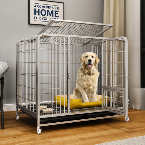 Reinforced Metal Dog Crate with Integrated Toilet Area