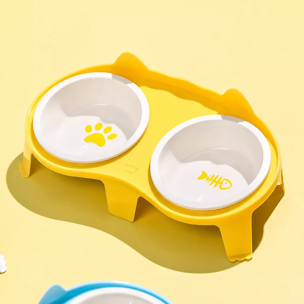 Ceramic Double Cat Bowl Set with Stand for Food and Water
