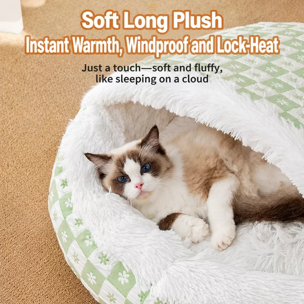 Enclosed Plush Pet Bed for Cats and Small Dogs