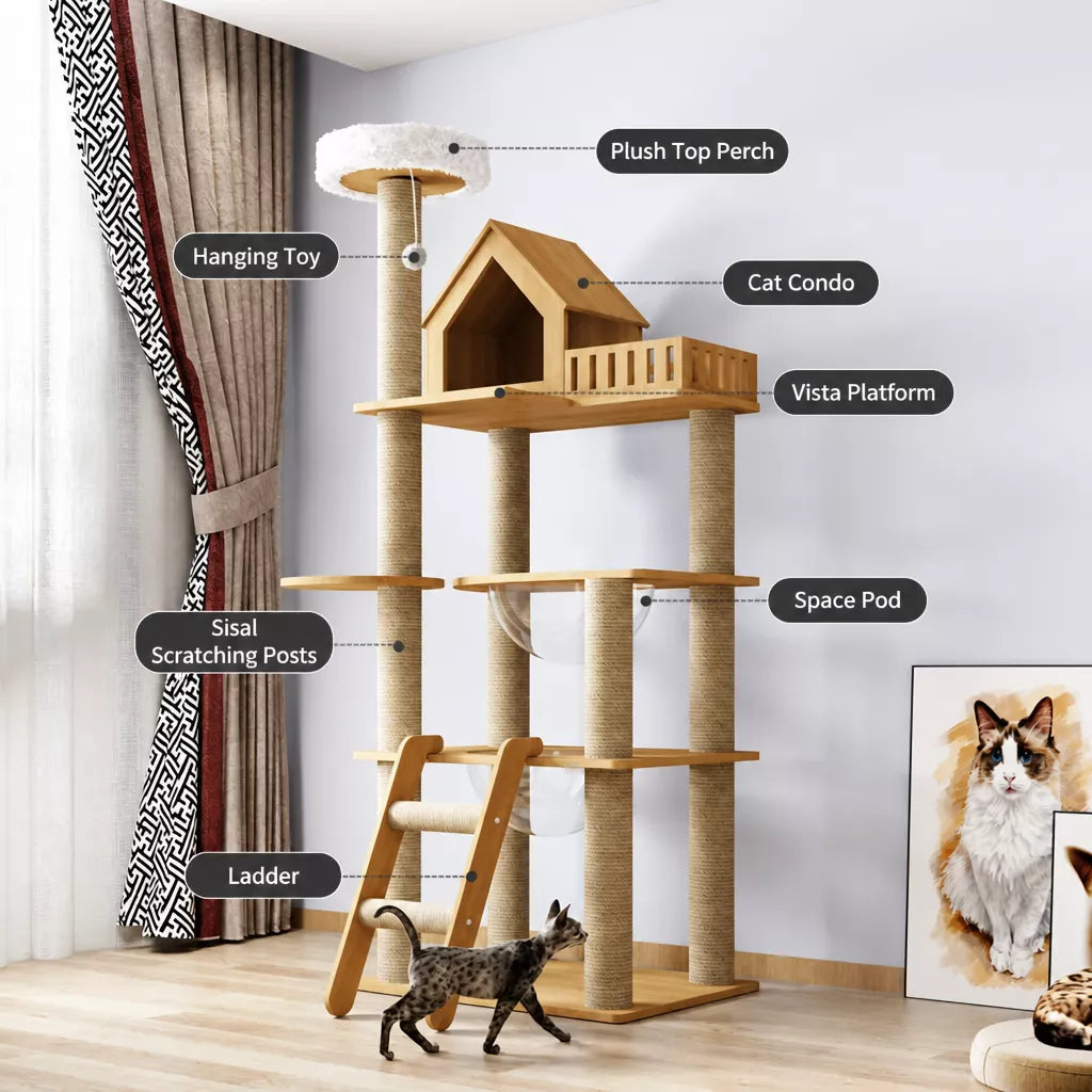 Multi-Level Solid Wood Cat Tree with Scratching Posts