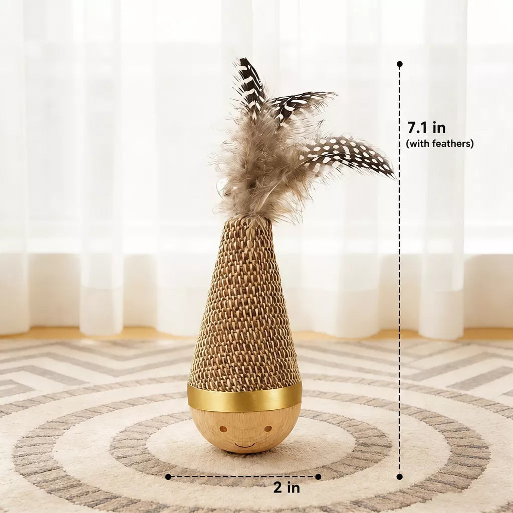 Burlap Feather Tumbler Toy with Solid Wood Base for Cats & Dogs