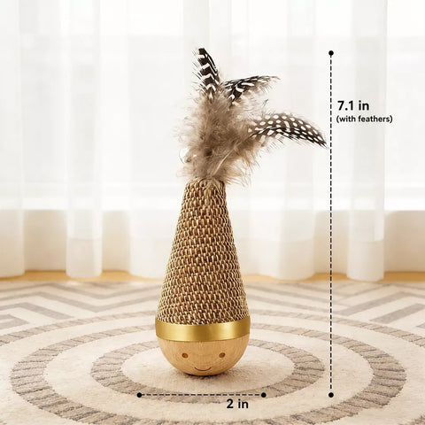 Burlap Feather Tumbler Toy with Solid Wood Base for Cats & Dogs