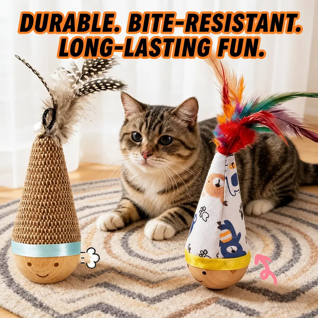 Burlap Feather Tumbler Toy with Solid Wood Base for Cats & Dogs