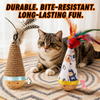 Linen Tumbler Toy for Cats and Dogs with Feather Pieces and Solid Wood Base