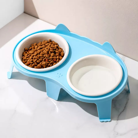Ceramic Double Cat Bowl Set with Stand for Food and Water