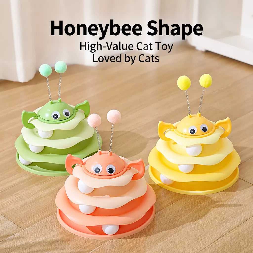 Interactive Bee Cat Toy with Spinning Track and Rolling Ball