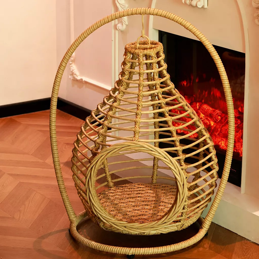 Handwoven Rattan Hanging Cat Bed with Cushion