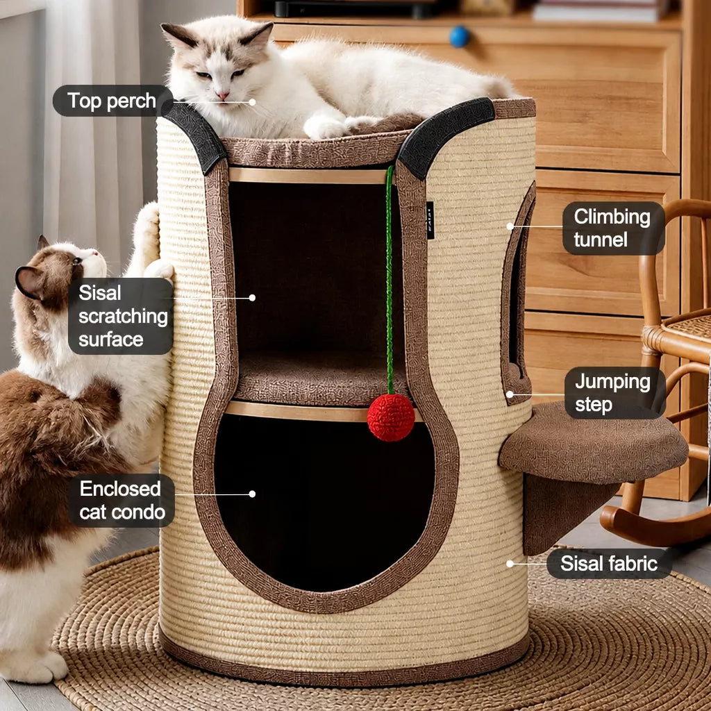 Sisal Cat Scratching Barrel Tower with Enclosed Hideaway