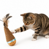 Linen Tumbler Toy for Cats and Dogs with Feather Pieces and Solid Wood Base