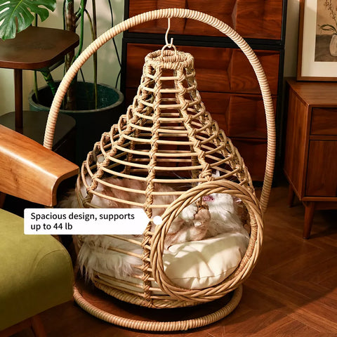 Handwoven Rattan Hanging Cat Bed with Cushion