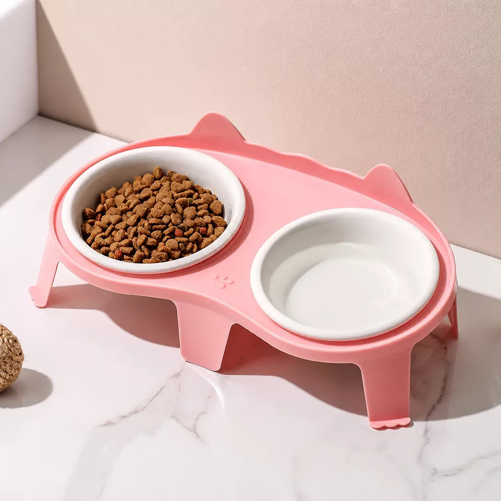 Ceramic Double Cat Bowl Set with Stand for Food and Water