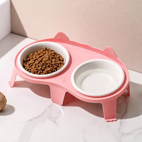 Ceramic Double Cat Bowl Set with Stand for Food and Water